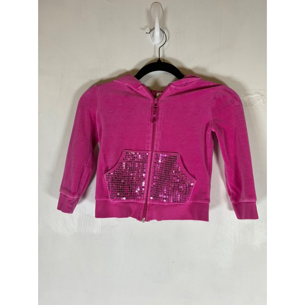 Girls XS 4/5 Pink Velour Sequin Zip Up Hoodie Jacket Sparkle Long Sleeve